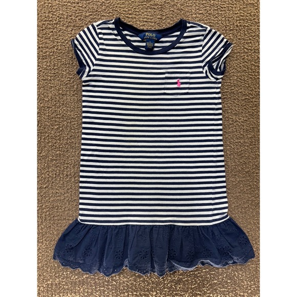 Polo Ralph Lauren Other - Polo Ralph Lauren Girls Navy White Striped Eyelet Ruffle Hem Dress Size 6